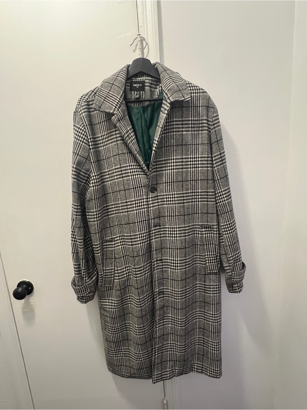 Forever 21 Black and White Plaid Coat with Green Lining